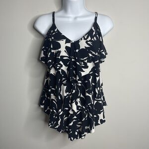 Magic Suit Tankini Top Sz 8 Black White Tiered Soft Bra Hide Tummy Flirty